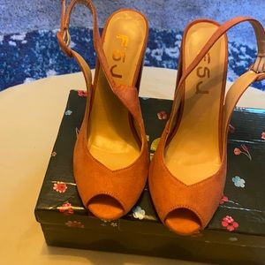 Peach suede peep toe pumps. Gently worn.